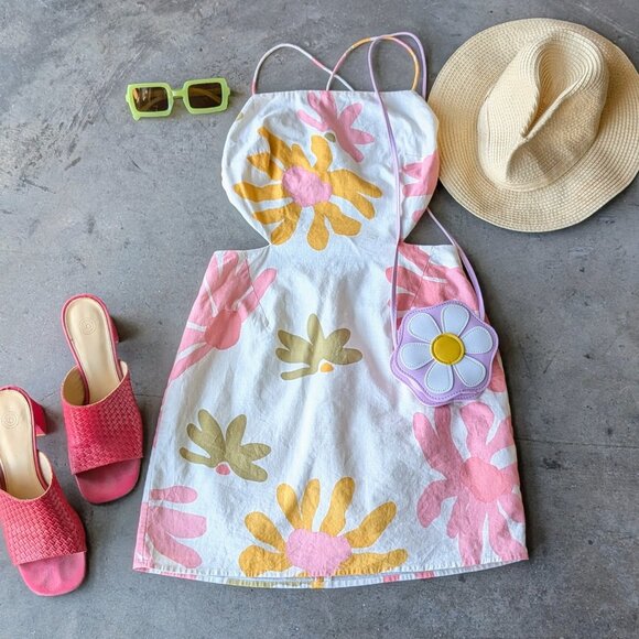 Sabo Backless Summer Dress Pink Yellow Green Floral Tie Back Mini Dress size XS - Picture 1 of 11
